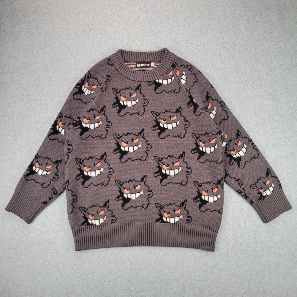 Maener Gengar Print Sweater Women Size M Purple Pokemon Ghost Knit Pullover